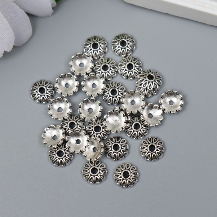 Декор шляпка для бусин металл "Цветок из капель" серебро G030B892 набор 30 шт 0,8х0,8 см