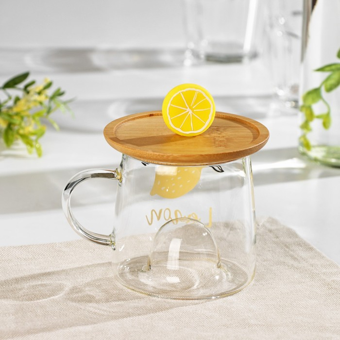 Кружка стеклянная с деревянной крышкой &laquo;Лимончик&raquo;, 350 мл