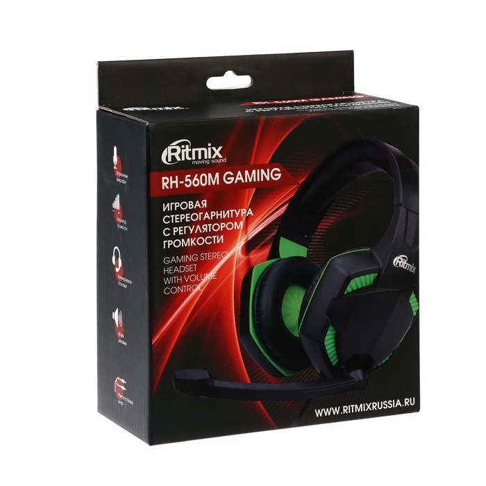 Наушники Ritmix RH-560M Gaming, игровые, полноразмерные,микрофон,3.5мм, 1.8 м, черно-зеленые