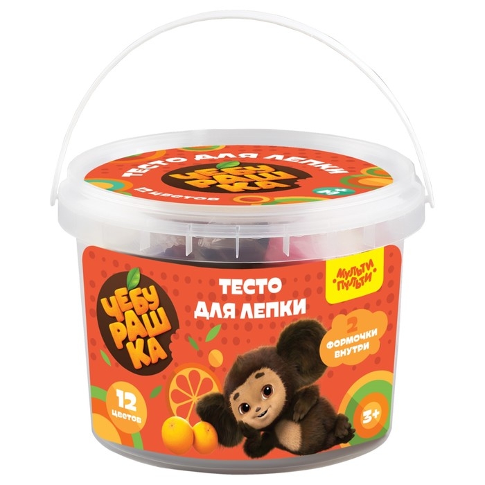 Тесто для лепки 12 цветов по 30 г Мульти-Пульти Тесто для лепки 12 цветов по 30 г Мульти-Пульти "Чебурашка", пластиковое ведро + 2 формочки, корекс
