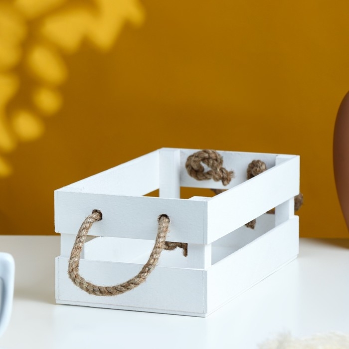 Кашпо деревянное 24.5&times;13.5&times;9 см "Двушка Лайт" реечное, ручка верёвка, белый Дарим Красиво