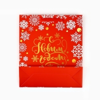 Пакет подарочный новогодний ламинированный &laquo;Золотые снежинки&raquo;, тиснение, M 30 х 26 х 9 см, Новый год