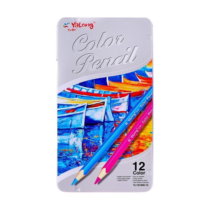 Карандаши 12 цветов, в металл пенале, треугольные, деревянные, Пейзаж,МИКС