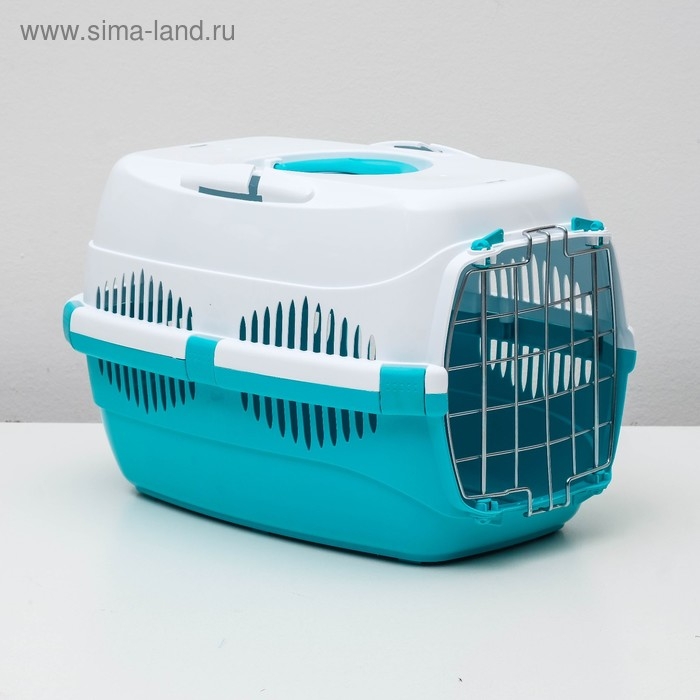 Переноска для животных до 9 кг Переноска для животных до 9 кг "Пижон", металлическая дверь, 43х29х27,5 см, бело-бирюзовая
