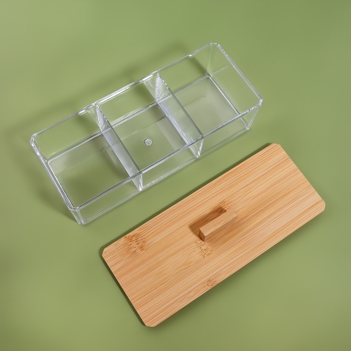 Органайзер для хранения «BAMBOO», с крышкой, 3 секции, 23,3 × 9,4 × 8,9 см, цвет прозрачный/коричневый Органайзер для хранения «BAMBOO», с крышкой, 3 секции, 23,3 × 9,4 × 8,9 см, цвет прозрачный/коричневый