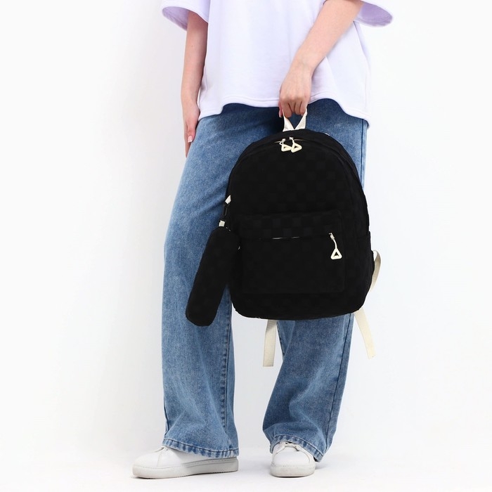 Рюкзак школьный, набор 2 в 1,+ пенал в клетку, 40х28х13 см, цвет чёрный