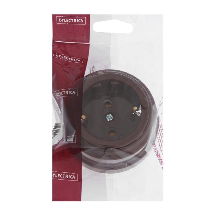 Розетка BYLECTRICA Ретро РА16-0202, 16А, одномест., наруж., с з/к, без крышки, IP20, корич. Розетка BYLECTRICA Ретро РА16-0202, 16А, одномест., наруж., с з/к, без крышки, IP20, корич.