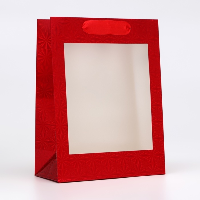 Пакет подарочный, фольгированный, упаковка, с окном, Пакет подарочный, фольгированный, упаковка, с окном, "Красный", S 23,5 х18 х 8,5 см
