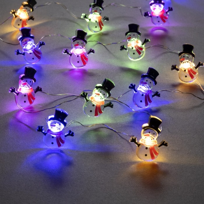 Гирлянда &laquo;Нить&raquo; 2 м роса с насадками &laquo;Снеговик в шарфе&raquo;, IP20, серебристая нить, 20 LED, 2 режима, батарейки ААх2 (нет в комплекте), свечение мульти