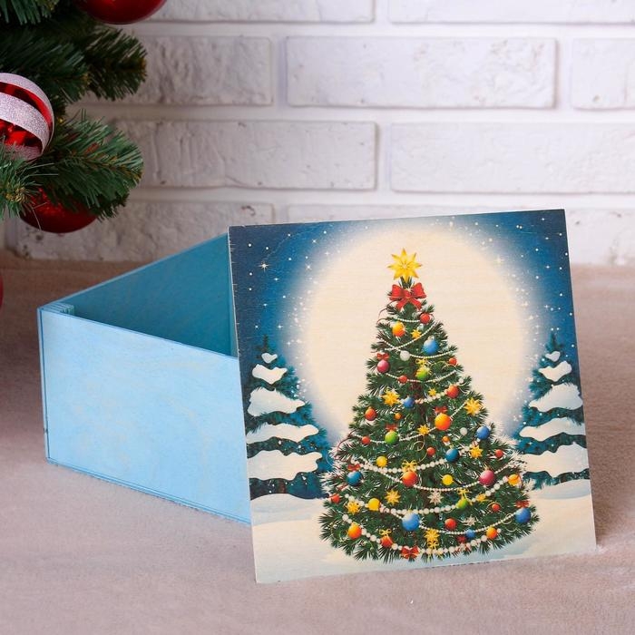 Новый год. Коробка подарочная " Новогодняя, c ёлкой", голубая, 20&times;20&times;10 см