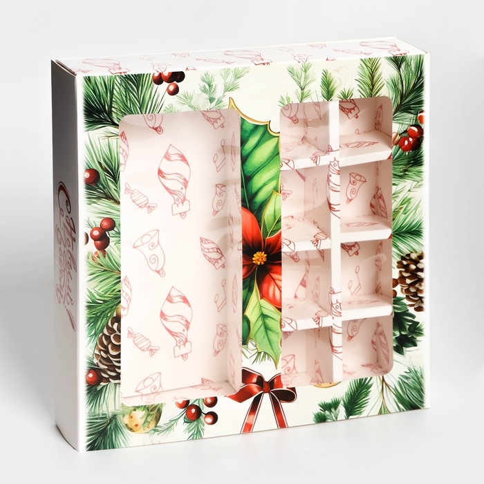 Новый год. Коробка под 8 конфет и шоколад, с окном Новый год. Коробка под 8 конфет и шоколад, с окном "Новогодние подарки", 17,7 х 17,8 х 3,8 см, кондитерская упаковка