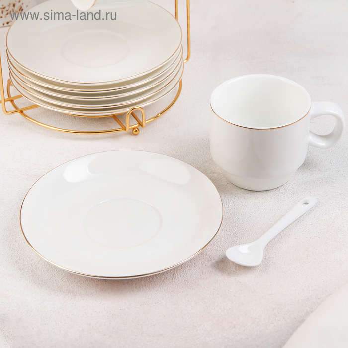Сервиз чайный керамический на металлической подставке &laquo;Бланш&raquo;, 19 предметов: 6 чашек 170 мл, 6 блюдец 13,5 см, 6 ложек, цвет белый