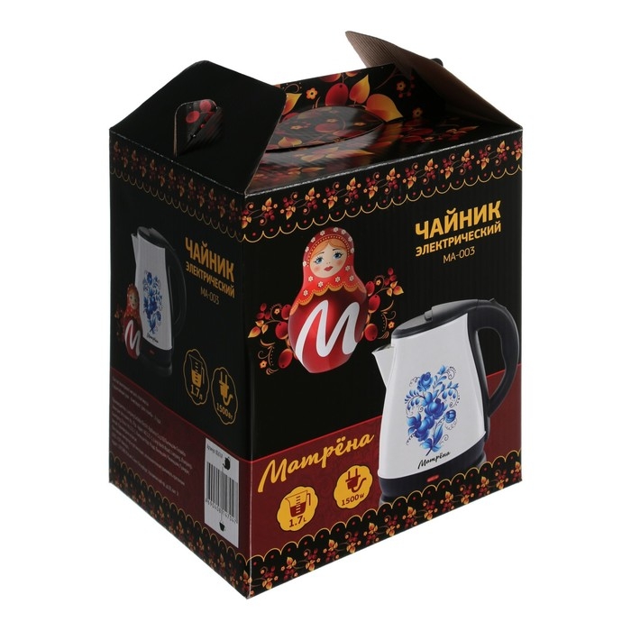 Чайник электрический Чайник электрический "Матрёна" MA-003, металл, 1.7 л, 1500 Вт,бело-чёрный с рисунком "Гжель"