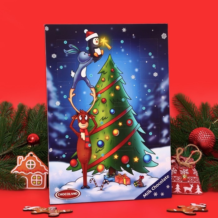 Новый год. Адвент-календарь с мини-плитками из молочного шоколада "Новогодний олень", 50 г