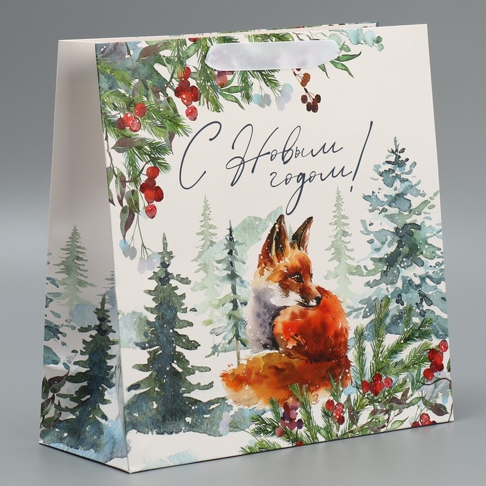 Пакет подарочный новогодний ламинированный квадратный Forest, 30 х 30 х 12 см, Новый год