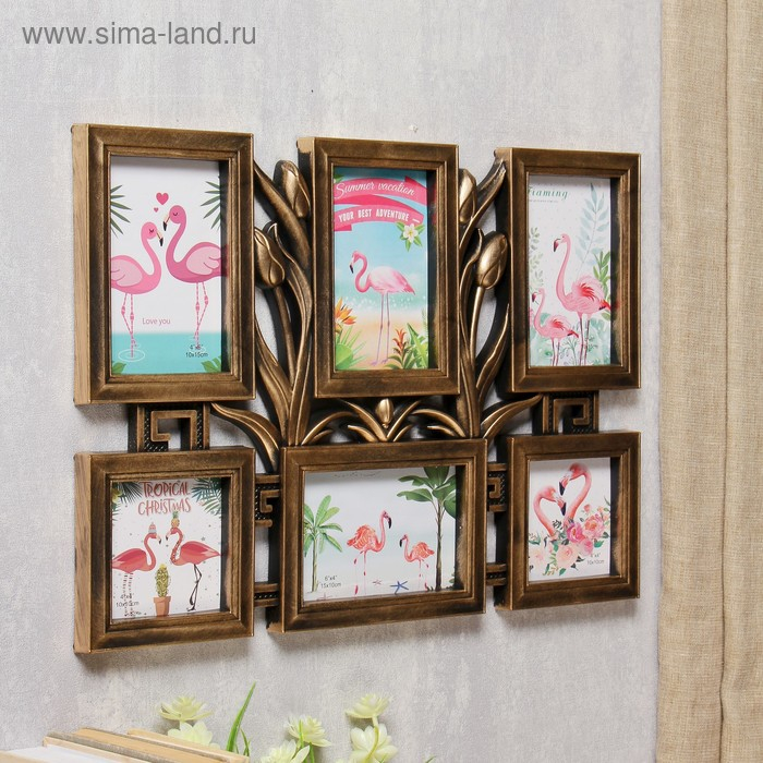 Фоторамка пластик на 6 фото 10х10, 10х15 см Фоторамка пластик на 6 фото 10х10, 10х15 см "Тюльпаны" т.золото 33,5х47 см