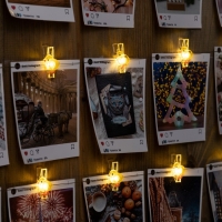 Гирлянда «Нить» 2 м роса с насадками «Прищепки-цыплёнок», IP20, серебристая нить, 20 LED, батарейки ААх2 (нет в комплекте), свечение тёплое белое Гирлянда «Нить» 2 м роса с насадками «Прищепки-цыплёнок», IP20, серебристая нить, 20 LED, батарейки ААх2 (нет в комплекте), свечение тёплое белое