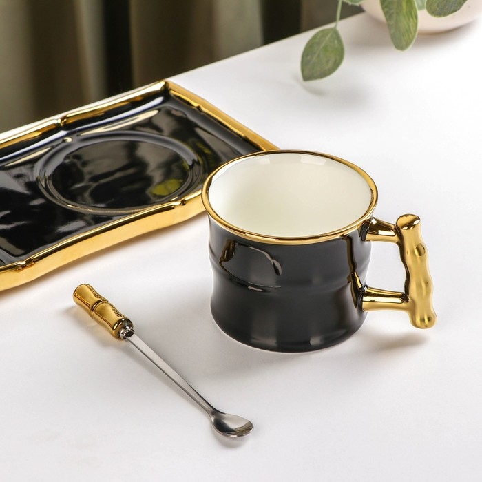 Чайная пара керамическая с ложкой &laquo;Сладкая вата&raquo;, 2 предмета: кружка 200 мл, блюдце 24&times;11 см, цвет чёрный