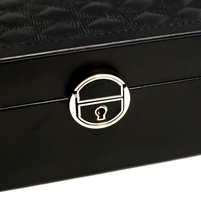 Шкатулка кожзам под часы 2 отделения и бижутерию "Ромбы черные" матовая 8,5х25х25 см