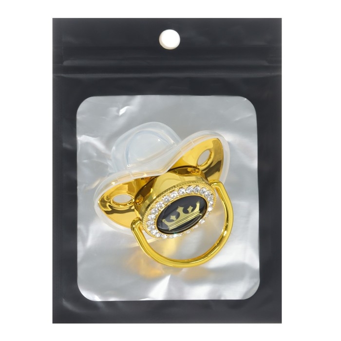 Соска - пустышка силиконовая ортодонтическая «Корона», от 12 мес., с колпачком, цвет золотой/черный, стразы Соска - пустышка силиконовая ортодонтическая «Корона», от 12 мес., с колпачком, цвет золотой/черный, стразы