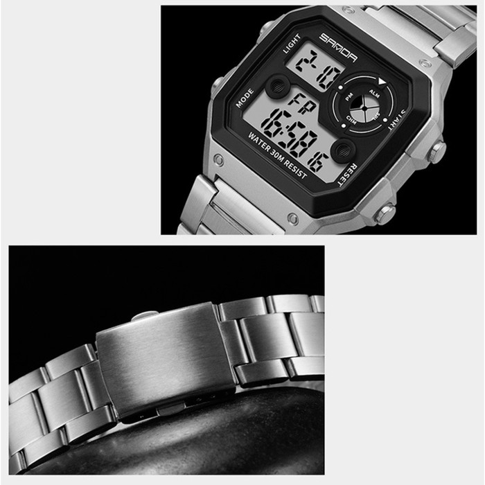 Часы наручные электронные мужские, d-4.4 см, будильник, календарь, ремешок металл, серебро Часы наручные электронные мужские, d-4.4 см, будильник, календарь, ремешок металл, серебро