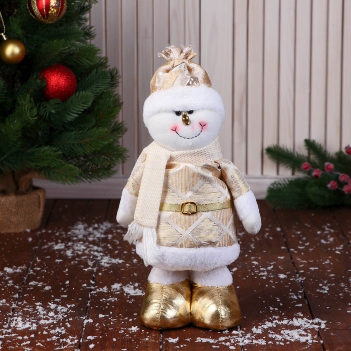 Мягкая игрушка "Снеговик в костюме с ромбиками, длинные ножки" стоит, 14 см, золото