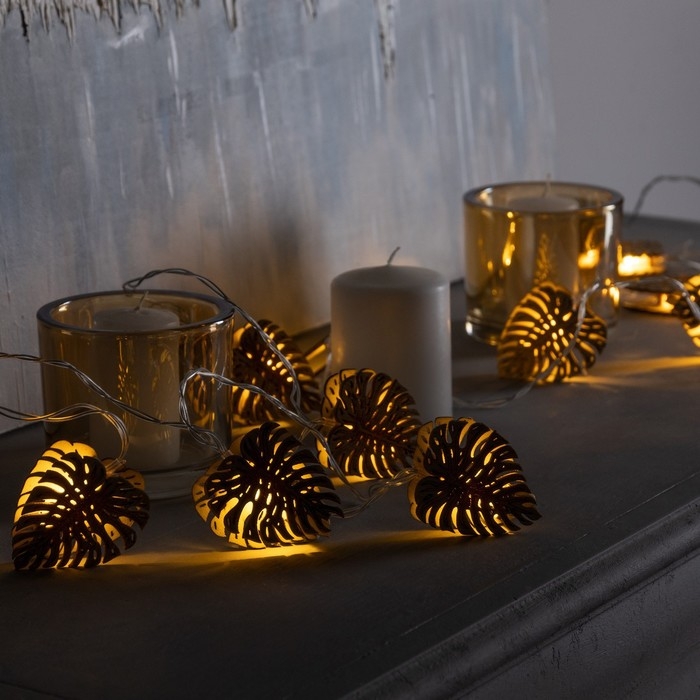 Гирлянда &laquo;Нить&raquo; 2.5 м с насадками &laquo;Листочек&raquo;, IP20, прозрачная нить, 10 LED, батарейки AAх2 (нет в комплекте), свечение тёплое белое