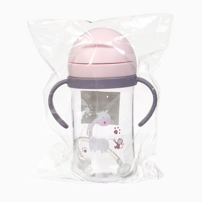 Поильник - непроливайка детский с силиконовой трубочкой и грузиком, от 9 мес., 350 мл., с ручками, цвет розовый, Крошка Я