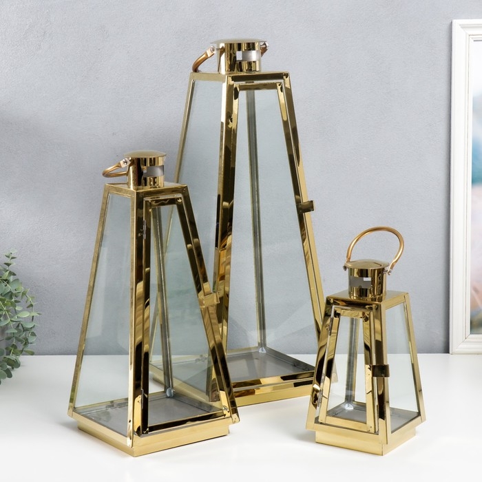 Подсвечник металл Подсвечник металл "Пирамида" набор 3 шт золото 22х11х53, 17х8,5х38, 12х8х23 см