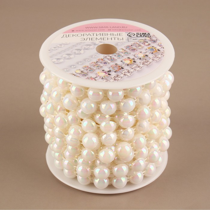 Жемчуг на нитях, с голографией, плоский, 10 мм, 9 &plusmn; 1 м, цвет белый