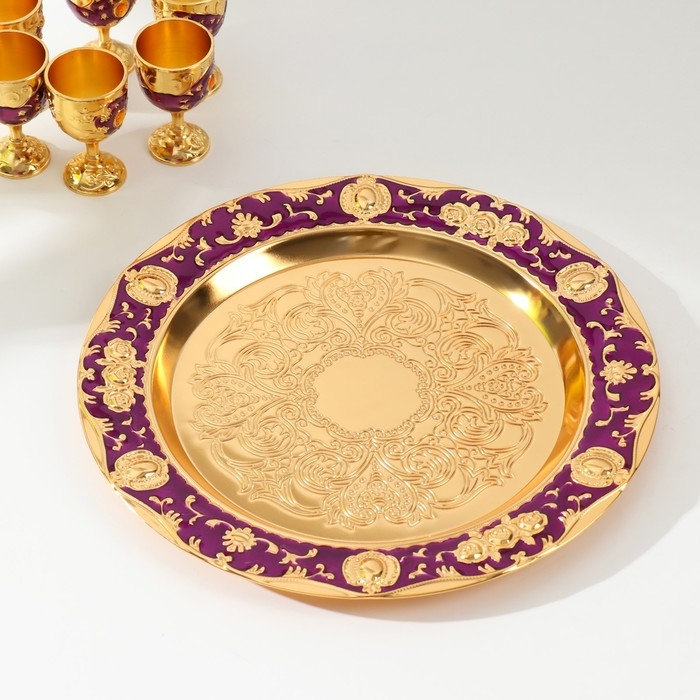 Набор винный кувшин, 6 бокалов и поднос "Стамбул. Цветы" фиолетовый с золотом