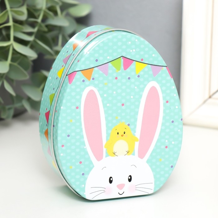 Шкатулка металл яйцо Шкатулка металл яйцо "Цыплёнок на голове у зайчика" 11,7х9,2х4,5 см