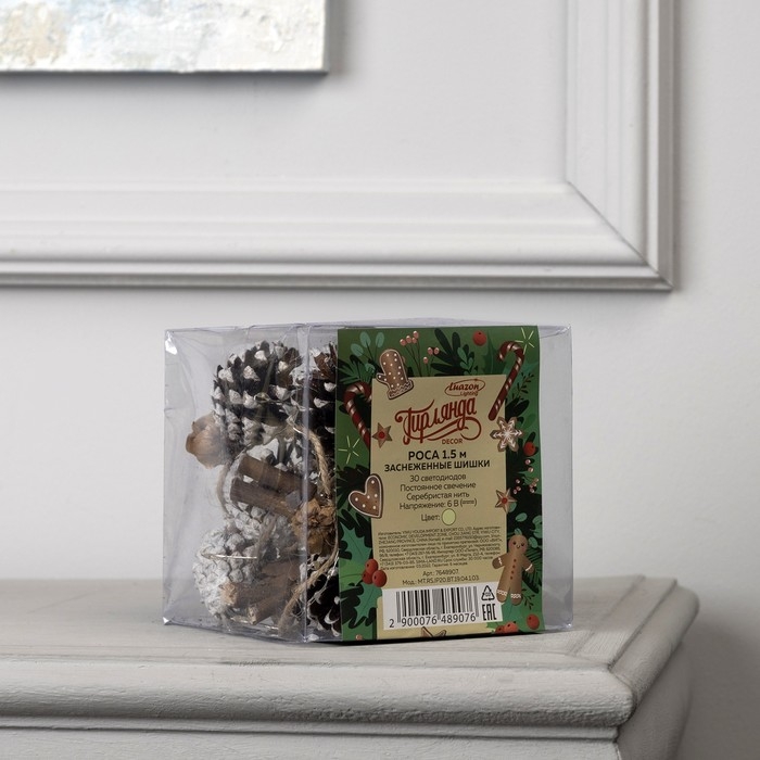 Гирлянда «Нить» 1.5 м роса с насадками «Заснеженные шишки», IP20, серебристая нить, 30 LED, батарейки CR2032х2 (в комплекте), свечение тёплое белое Гирлянда «Нить» 1.5 м роса с насадками «Заснеженные шишки», IP20, серебристая нить, 30 LED, батарейки CR2032х2 (в комплекте), свечение тёплое белое