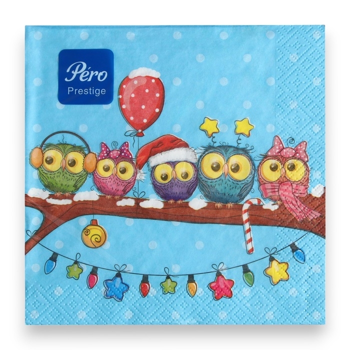 Новогодние салфетки бумажные Pero Prestige &laquo;Совята&raquo;, 3 слоя, 33х33, 20 шт.