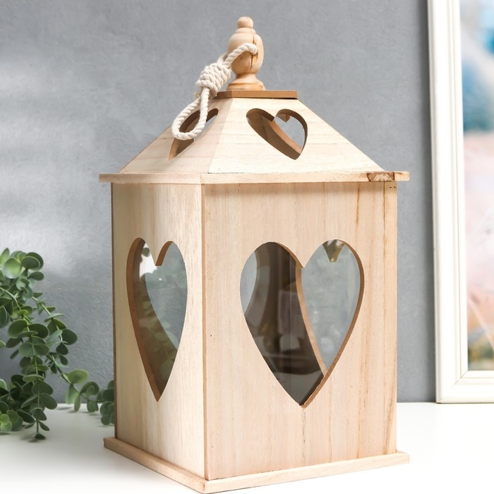 Подсвечник дерево Подсвечник дерево "Фонарь домик с сердцами" набор 2 шт 28х14,5х14,5; 38х19,5х19,5 см