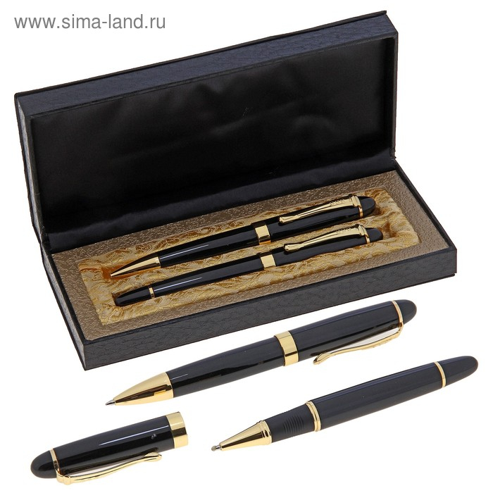 Ручки шариковые, 2 шт.: капиллярная, шариковая поворотная, подарочные Ручки шариковые, 2 шт.: капиллярная, шариковая поворотная, подарочные "Бизнес" в кожзам футляре, чёрные