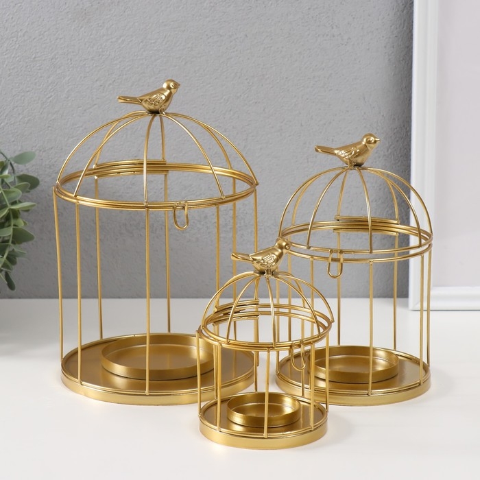 Подсвечник металл Подсвечник металл "Птичка на клетке" н-р 3 шт d=5;6;8 см золото 9,5х15,5; 12х21; 15,5х25 см 101825