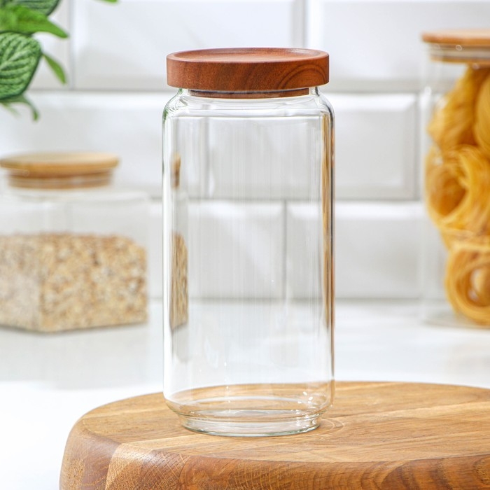 Банка стеклянная для хранения сыпучих продуктов Magistro Village, 900 мл, 9&times;19 см, с деревянной крышкой