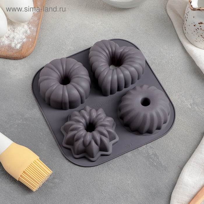 Форма для выпечки Доляна &laquo;Немецкий кекс&raquo;, силикон, 17&times;17 см, 4 ячейки, цвет розовый