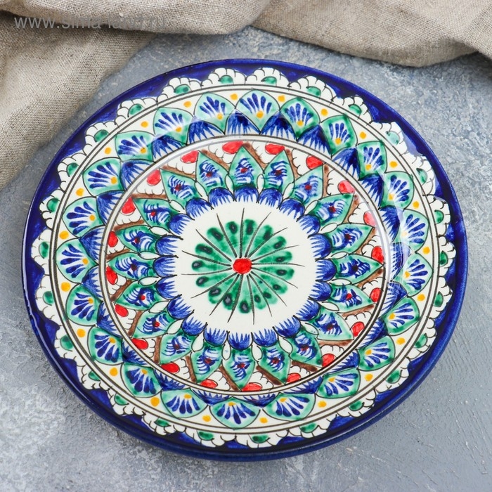 Тарелка Риштанская Керамика "Цветы", синяя, плоская, 17 см, микс