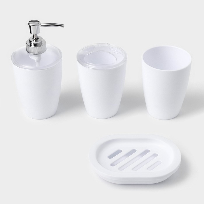 Набор для ванной &laquo;Эталон&raquo;, 4 предмета: дозатор для мыла, мыльница, 2 стакана, 24&times;8&times;17 см, цвет белый