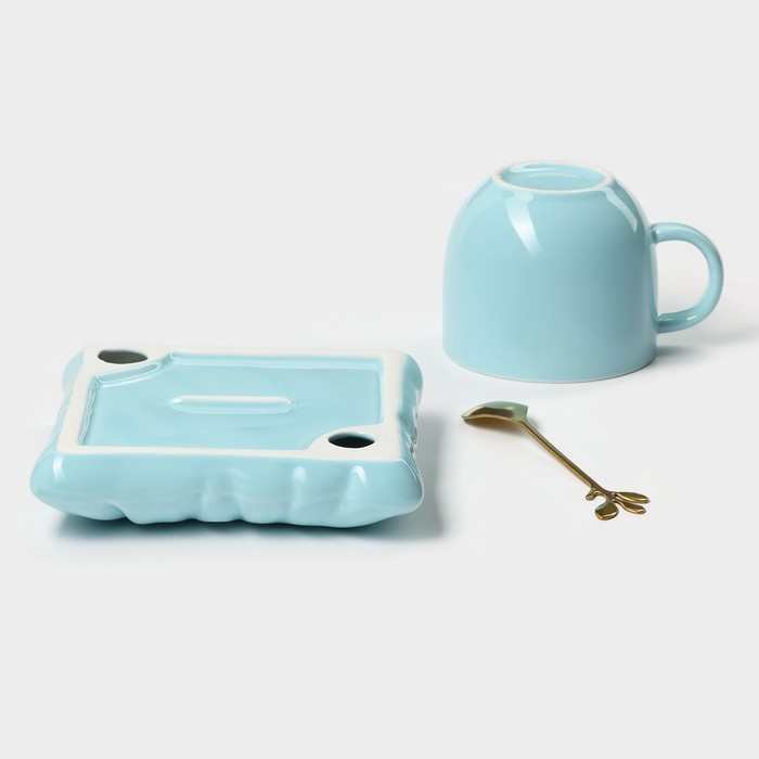 Чайная пара керамическая с ложкой «Зефирка», 2 предмета: чашка 250 мл, блюдце d=13 см, цвет голубой Чайная пара керамическая с ложкой «Зефирка», 2 предмета: чашка 250 мл, блюдце d=13 см, цвет голубой