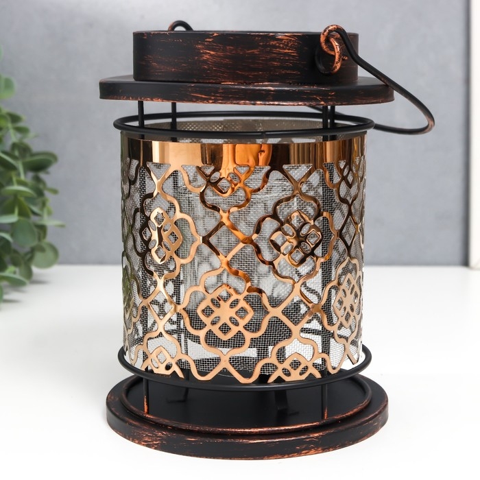 Подсвечник металл, стекло на 1 свечу Подсвечник металл, стекло на 1 свечу "Узор на фонаре" патина на чёрном ручка 18х13,5х13,5 см 78228