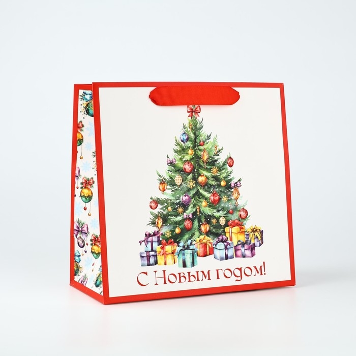 Пакет подарочный новогодний ламинированный квадратный &laquo;С Новым годом&raquo;, ёлка 22 х 22 х 11 см , Новый год