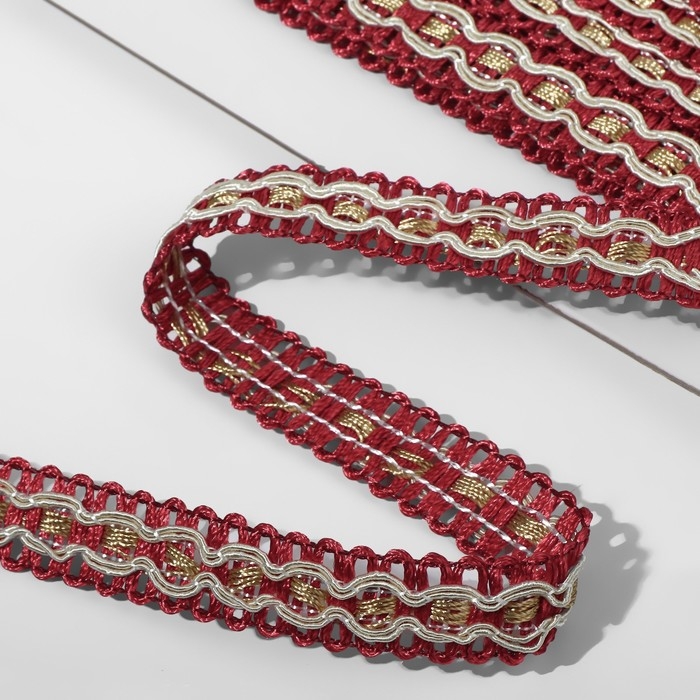 Тесьма декоративная, 16 мм, 9,1 &plusmn; 0,5 м, цвет бордовый/бежевый