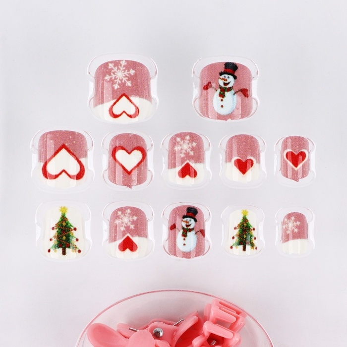 Детские накладные ногти на новый год &laquo;Новогоднее настроение&raquo;, 12 шт, подарочный набор с браслетом и заколками