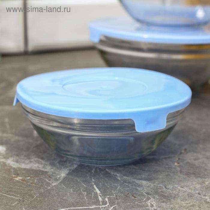 Набор стеклянных салатников Доляна &laquo;Классика&raquo; с крышками, 5 предметов: 900 мл (17&times;7,6 см), 500 мл (16&times;6 см), 350 мл (12,5&times;5,4 см), 200 мл (10,5&times;4,5 см), 130 мл (9&times;3,7 см), цвет голубой