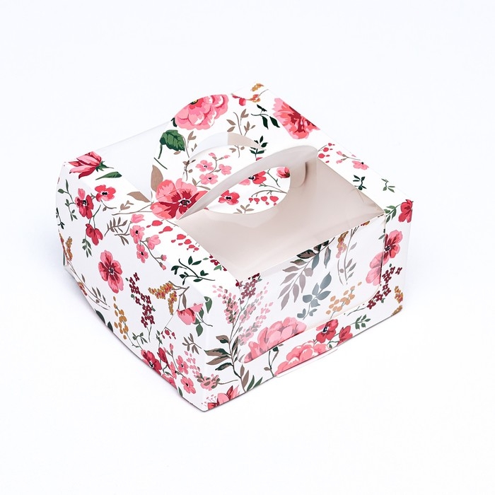 Коробка под бенто-торт с окном Коробка под бенто-торт с окном "Цветочная роспись", 14 х 14 х 8 см