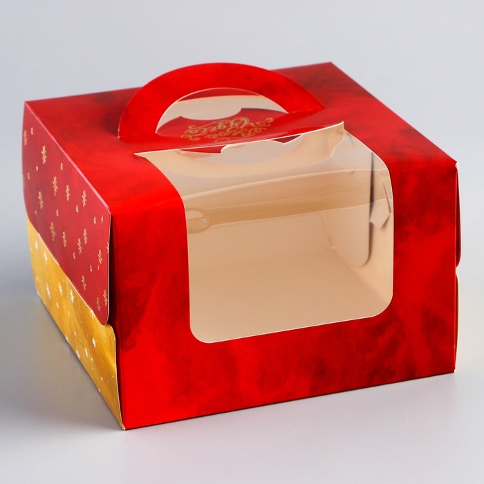 Новый год. Коробка под бенто-торт с окном с тиснением "Верь в чудеса", 15,5 х 15,5 х 10 см