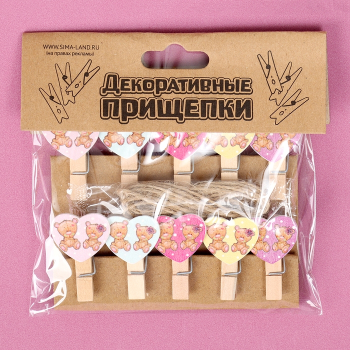 Прищепки декоративные с верёвкой для подвеса «Сердечки» набор 10 шт., 2,5 × 12,5 × 13,5 см Прищепки декоративные с верёвкой для подвеса «Сердечки» набор 10 шт., 2,5 × 12,5 × 13,5 см